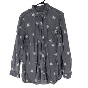 Style & Co Soft Grey Button Up Shirt, All over Stars Graphic, Rodeo, Cowboy SZ M